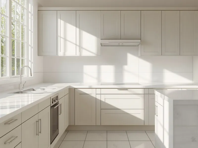 Bright kitchen cabinets with a smooth painted finish