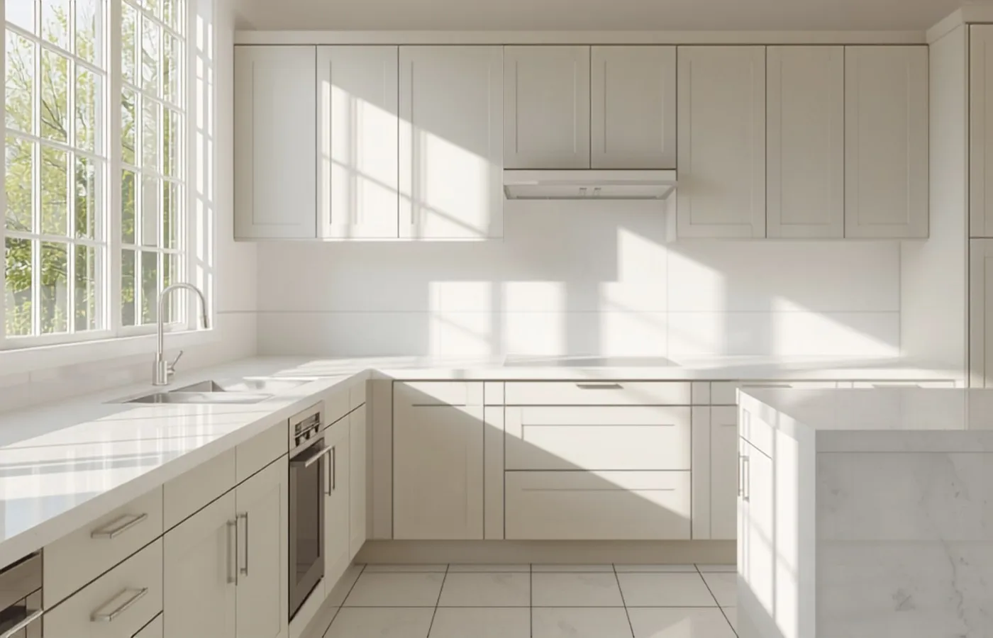 Bright kitchen cabinets with a smooth painted finish